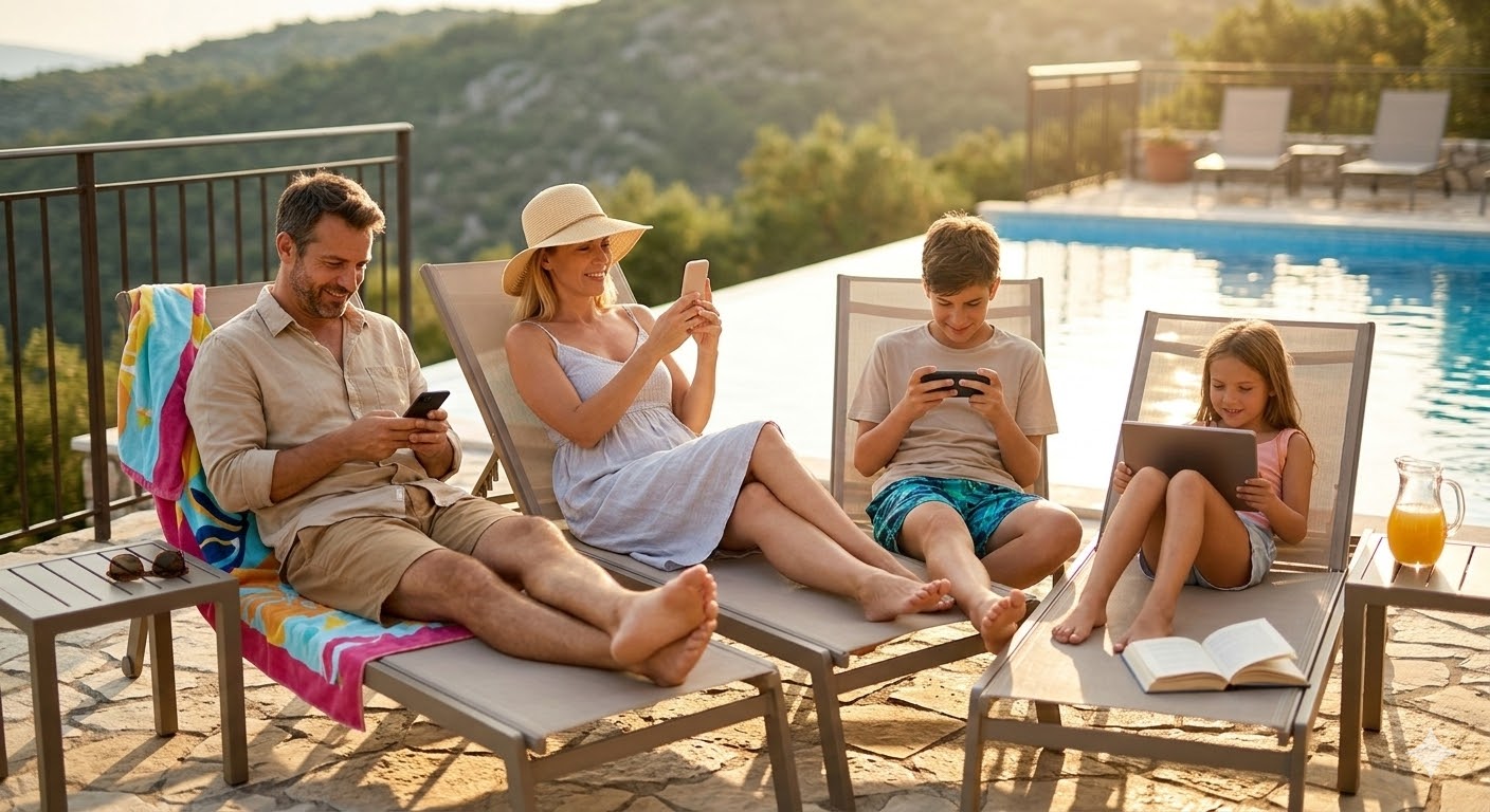 משפחה בחופש עם טלפונים ניידים